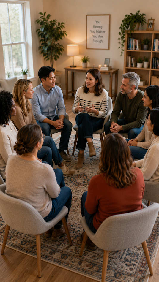 A diverse group of ten people sitting in a circle in a cozy living room, engaged in a discussion. The room has a bookshelf, a framed quote, and a lamp in the background.