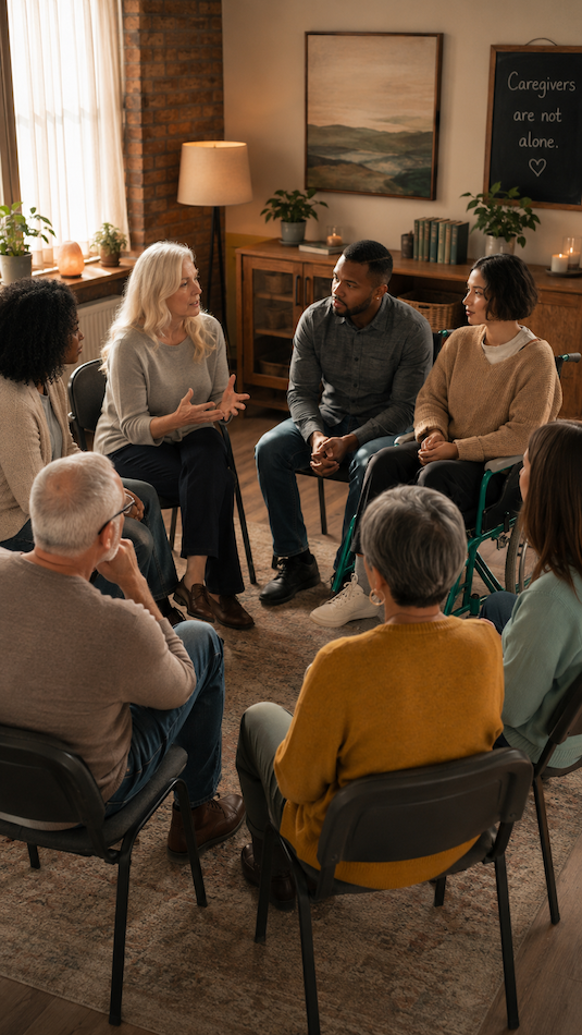 A diverse group of seven people gathered in a cozy room, engaged in a supportive discussion, with a woman speaking to the group.