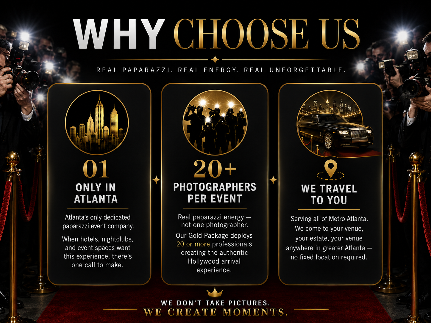 Luxury Why Choose Us graphic for an Atlanta paparazzi event company featuring red carpet photographers, Atlanta-exclusive service, 20+ photographers per event, and mobile event coverage across Metro Atlanta.
