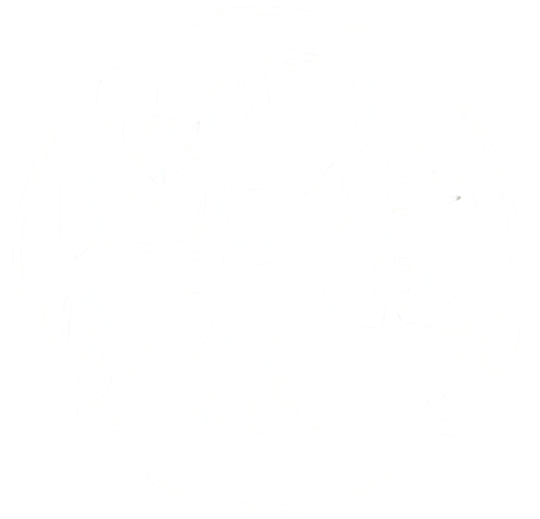 Silhouette of two people practicing martial arts in traditional attire, one executing a fighting stance and the other in a defensive pose, surrounded by circular lines.