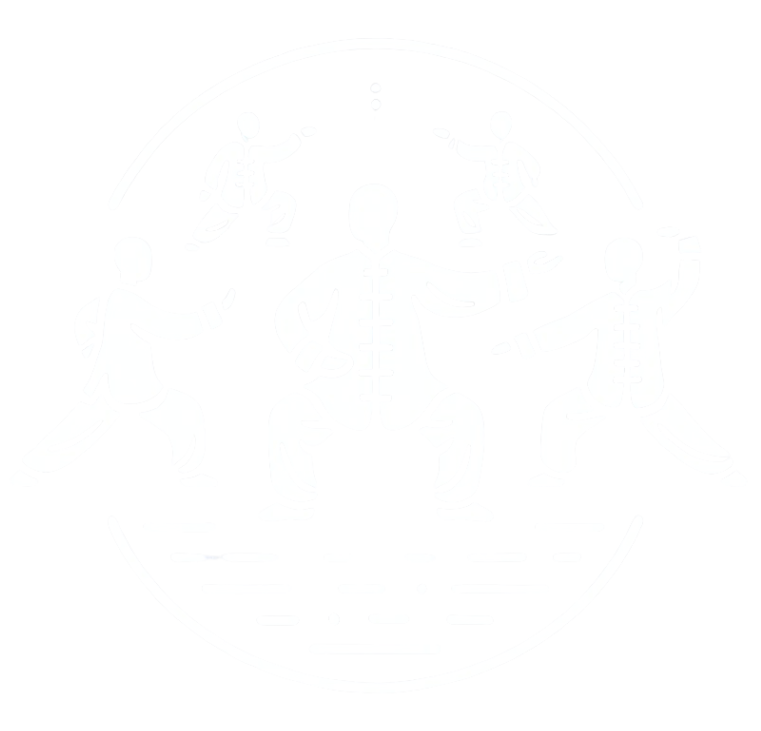Illustration of five Tai Chi practitioners performing traditional forms, representing the group class experience at Energy in Motion