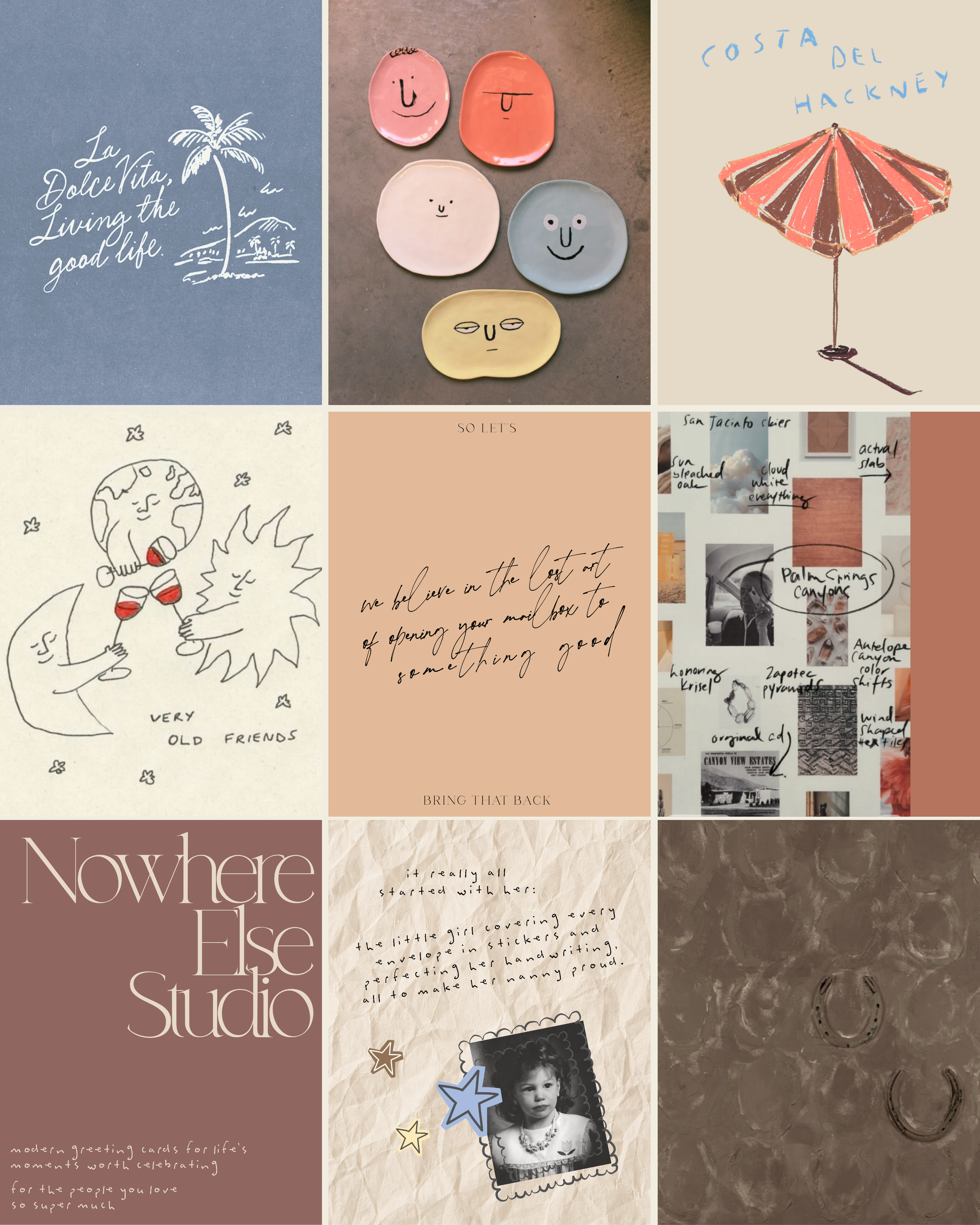 A collage of various design elements including handwritten notes, illustrations, photographs, and decorative items. It features a drawing of Earth with a face, a couple of ceramic plates with simple faces, handwritten notes about celebrating life and love, and an old photograph of a young girl with star stickers around it. Other elements include a sketch of a beach scene, a drawing of an umbrella, and sections with textured backgrounds.