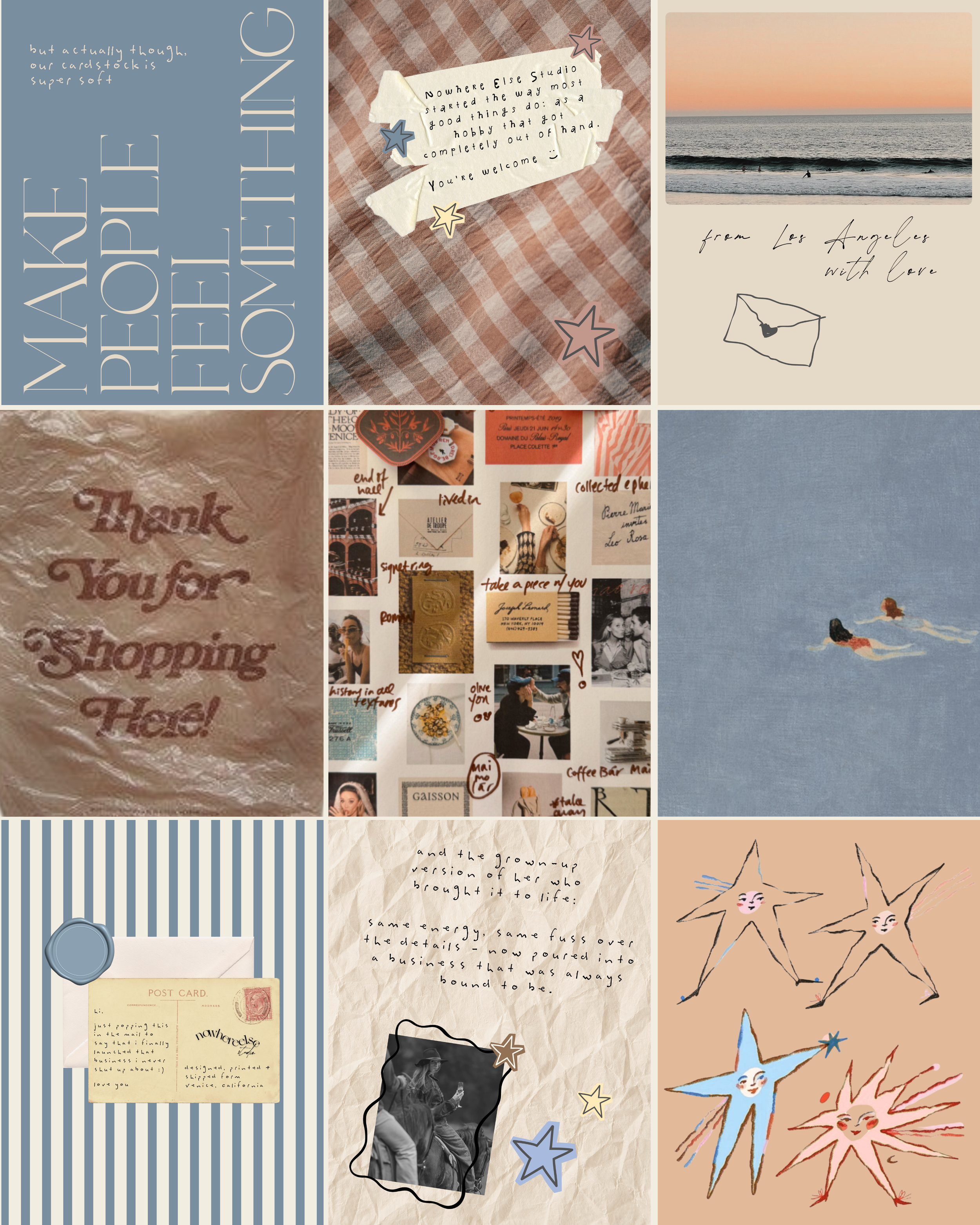 Collage of various scrapbook-style images, including a blue background with white text, a handwritten note on torn paper, a sunset over the ocean, textured paper with 'Thank you for shopping here!' message, a vintage postcard, doodles of stars with faces, and photographs of people, objects, and handwritten captions.