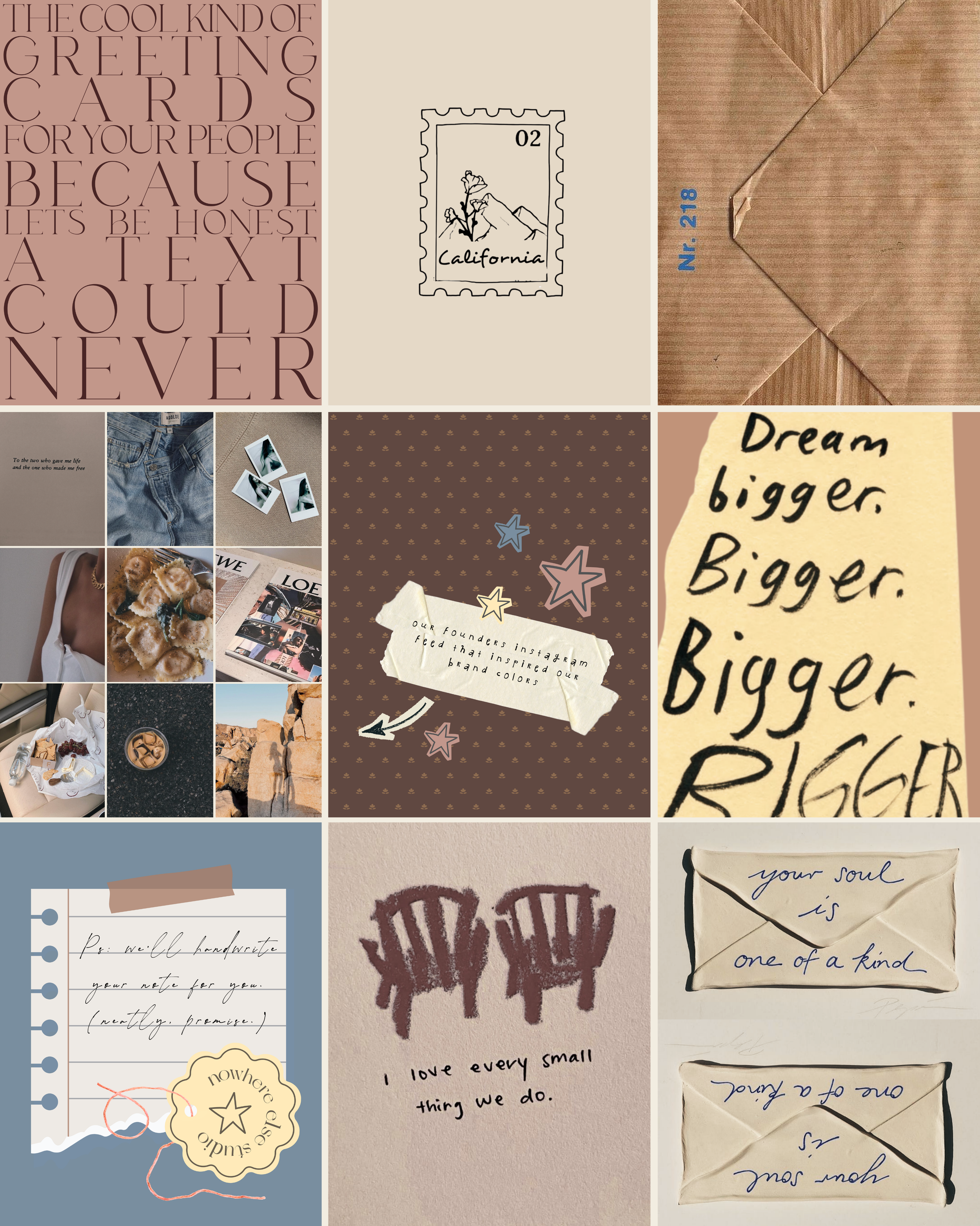 Collage of various greeting cards, notes, and envelopes with handwritten and printed messages, including a California postage stamp illustration and decorative star stickers.