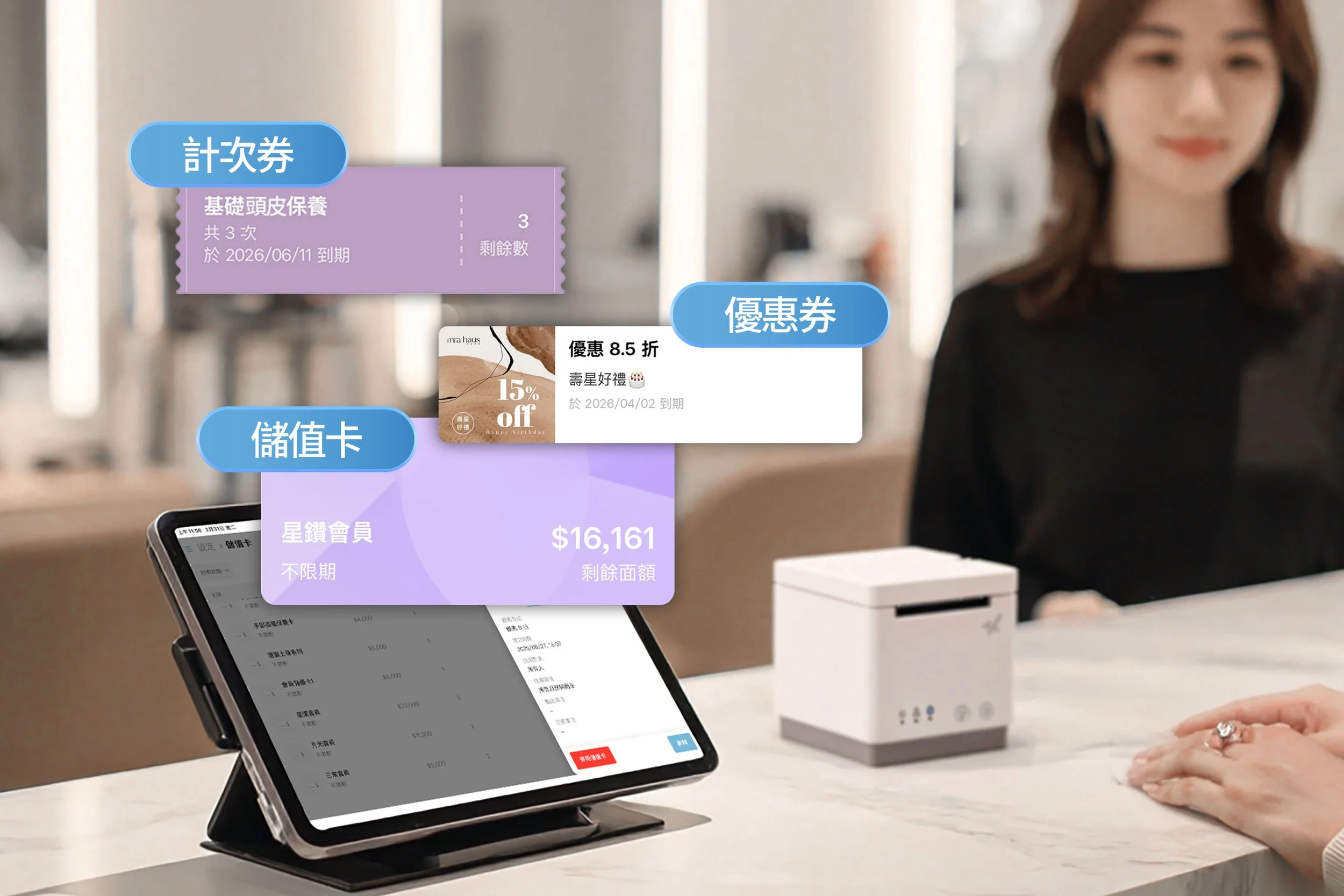 美容店使用系統管理計次券、儲值卡與優惠券活動，同步整合帳務與營收數據，提升經營管理效率