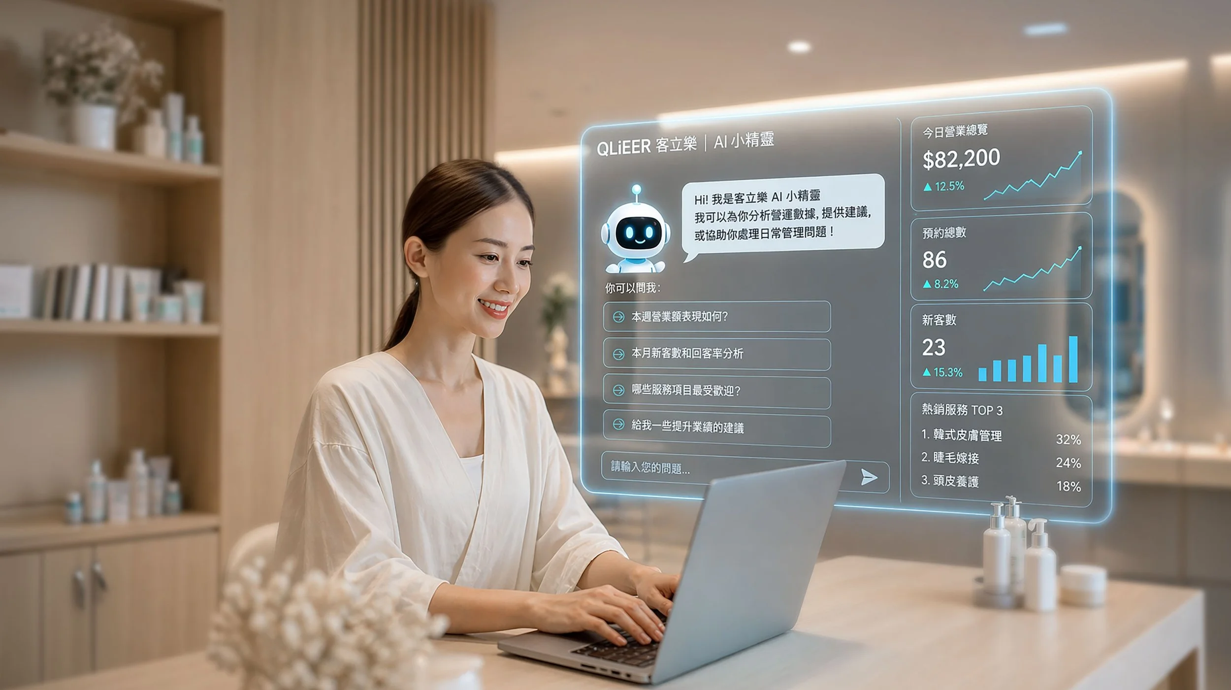 美容店經營者透過AI系統整合人員、門市與金流數據，進行多店營運分析與決策管理