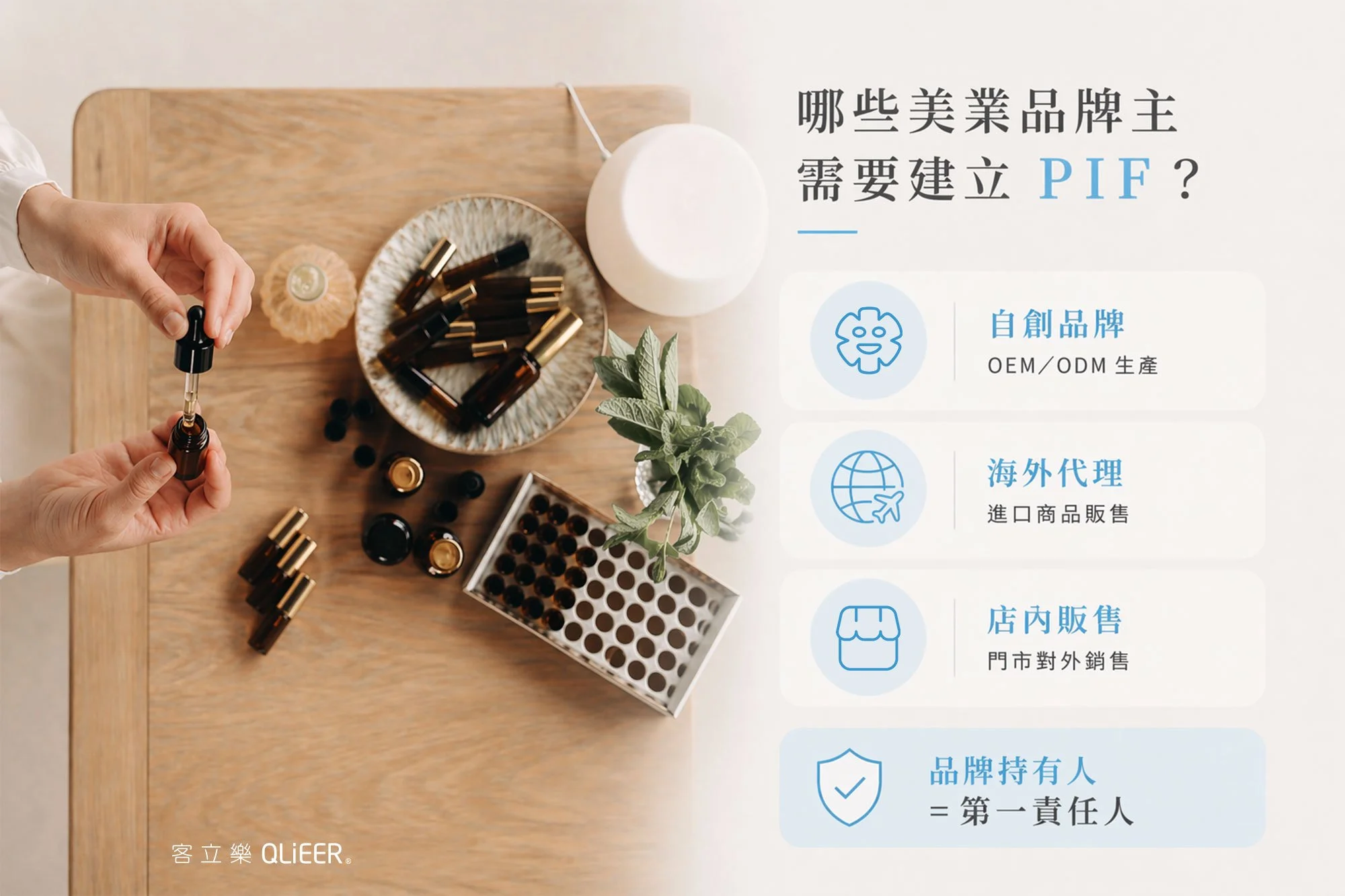 美業品牌主需建立PIF產品資訊檔案的對象說明，涵蓋自有品牌、OEM代工、進口販售與門市銷售等化妝品法規適用範圍