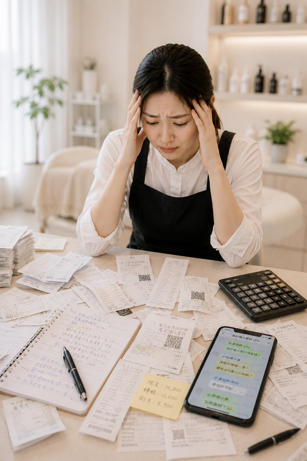 店家月底人工清點現金、翻找 LINE 對帳的場景
