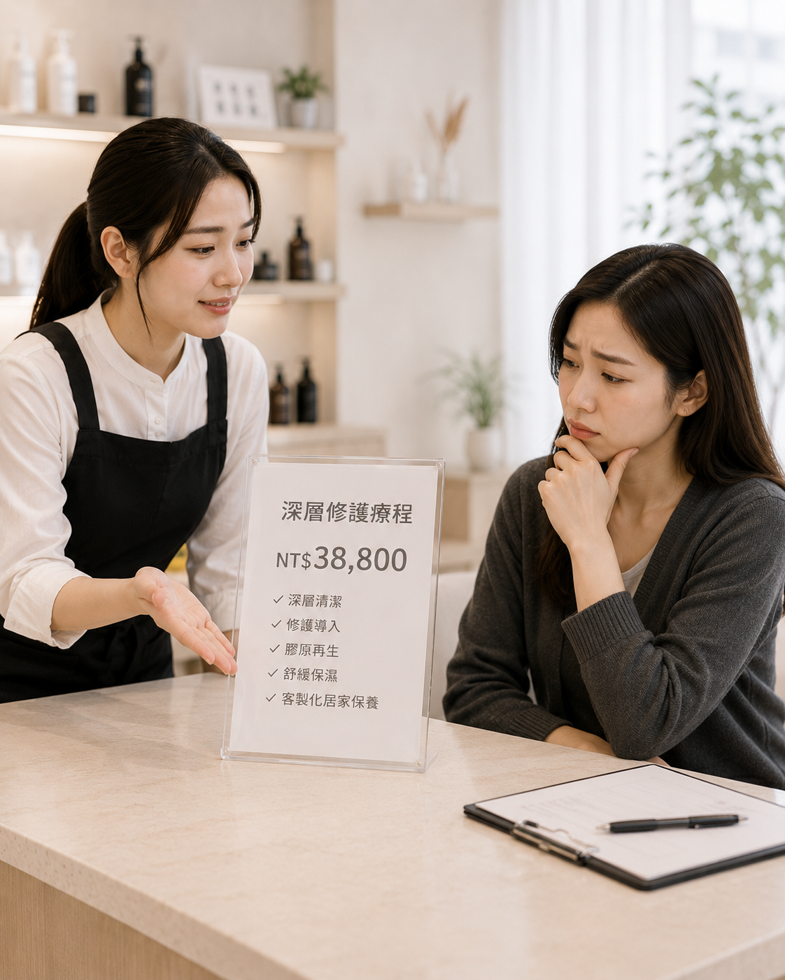 客人面對高單價療程無法一次付清、猶豫再考慮的場景