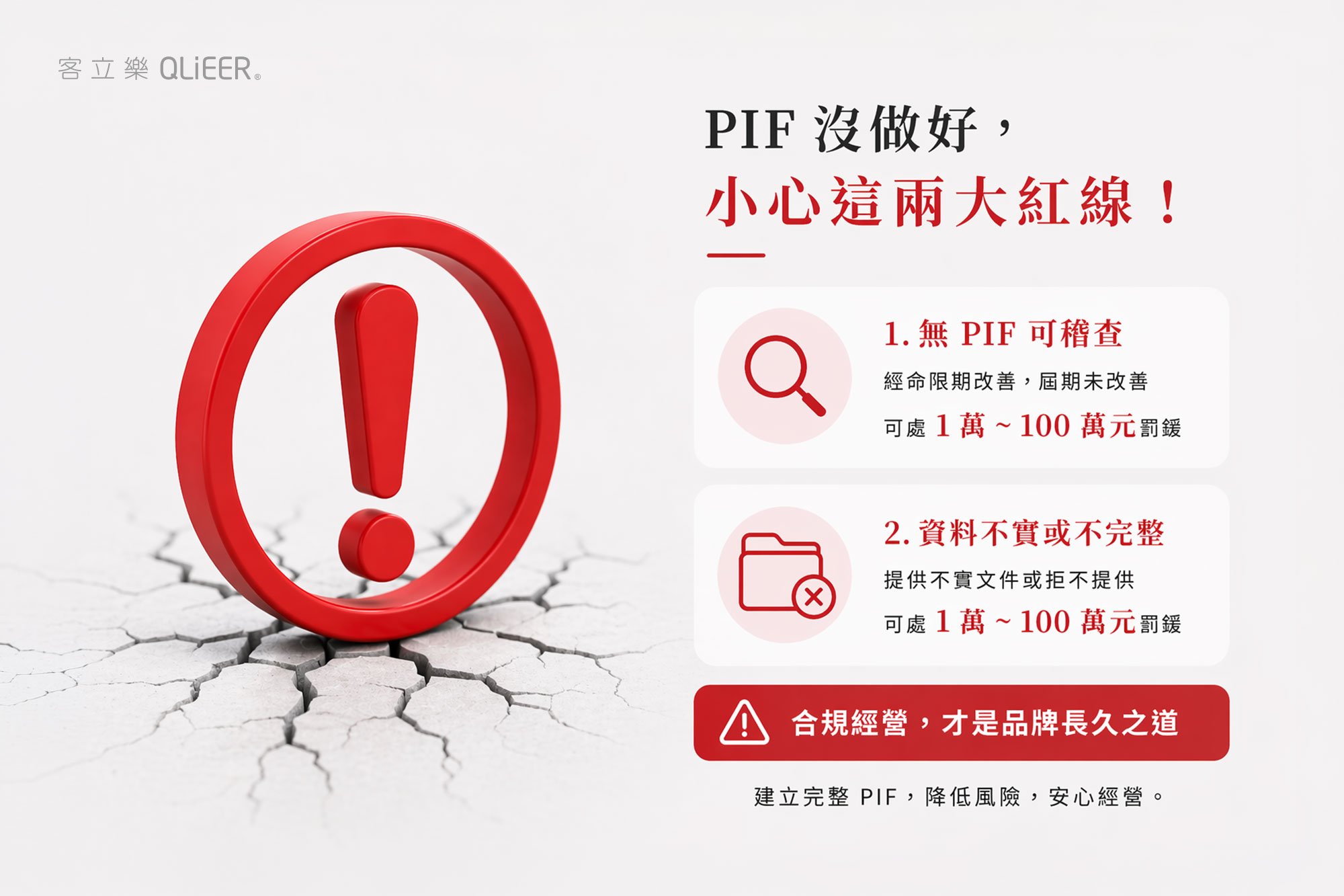 化妝品PIF法規罰則說明，未建立產品資訊檔案或資料不實不完整，可能面臨高額罰款與營運風險的警示內容