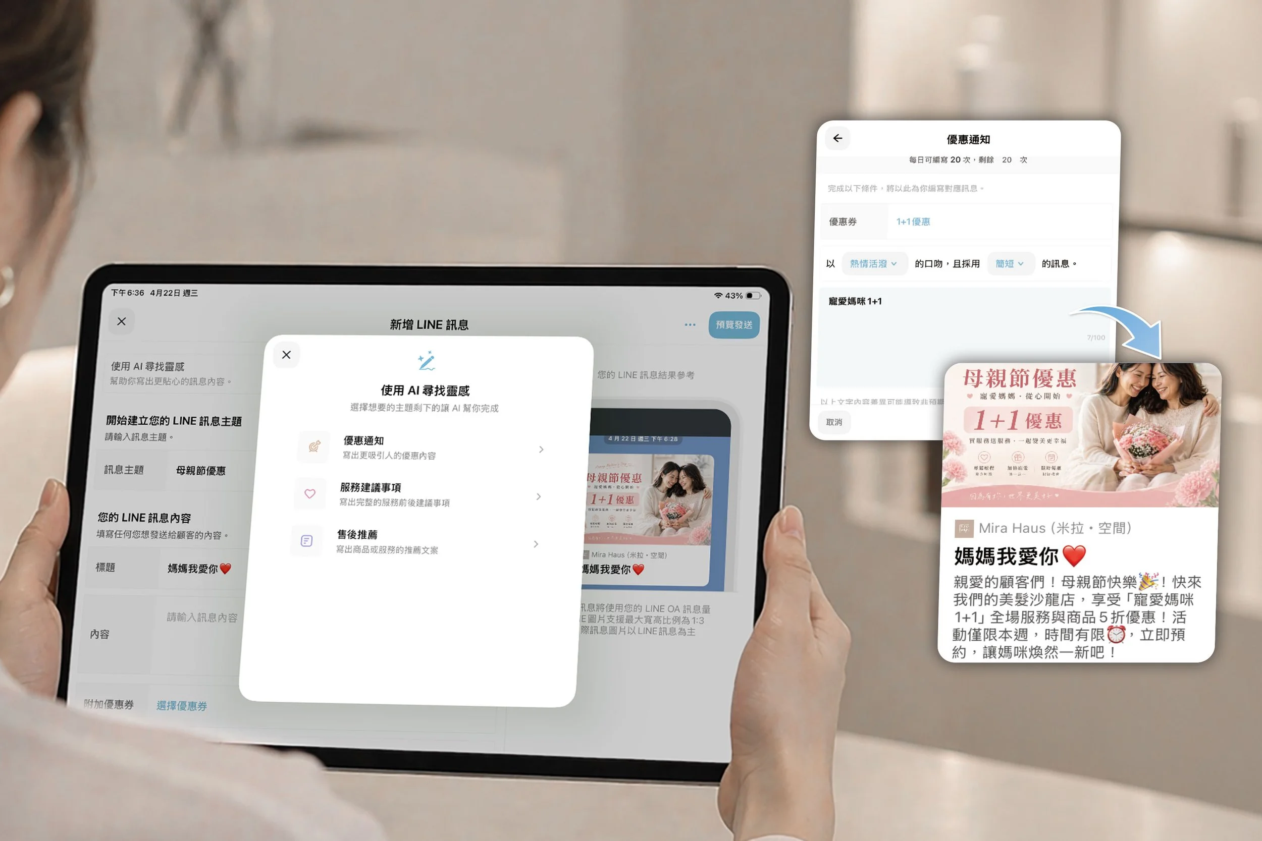 美容店使用AI工具快速產出母親節活動文案，並透過LINE官方帳號推播優惠訊息提升顧客回流與轉單率