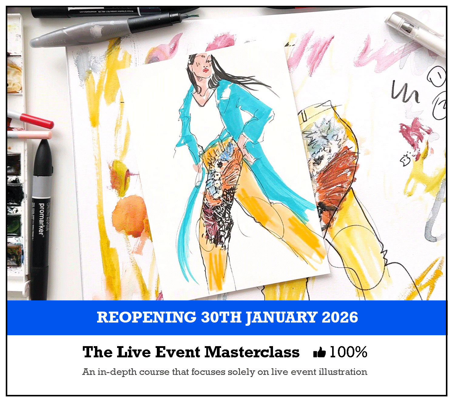 Watercolor fashion illustration of a woman wearing a blue blazer, white top, and yellow pants with floral designs, casual pose, surrounded by art supplies and sketches.