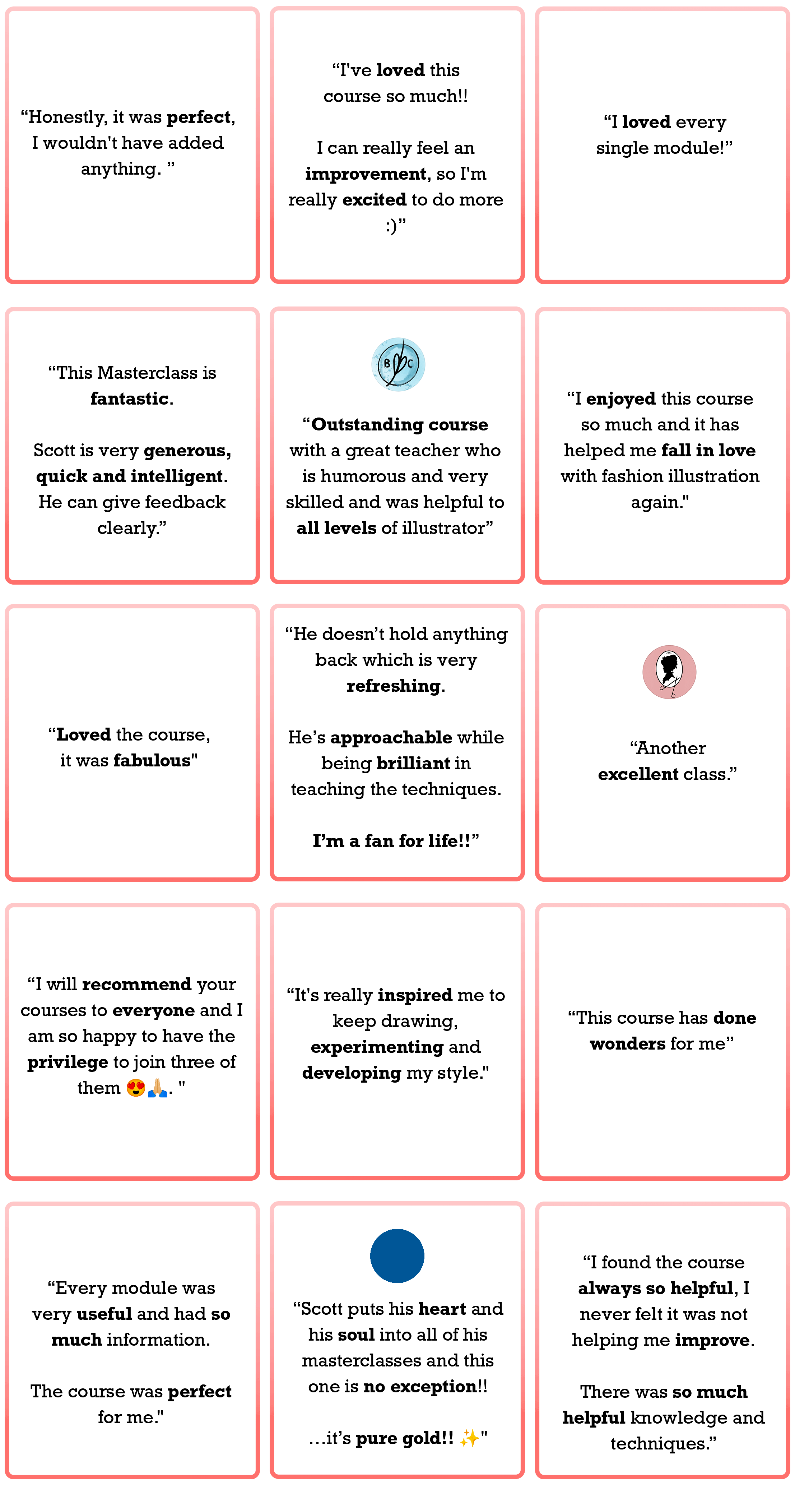 Collection of positive feedback quotes about an art course, with some icons of a feather and a person. Quotes praise the course, instructor, and content.