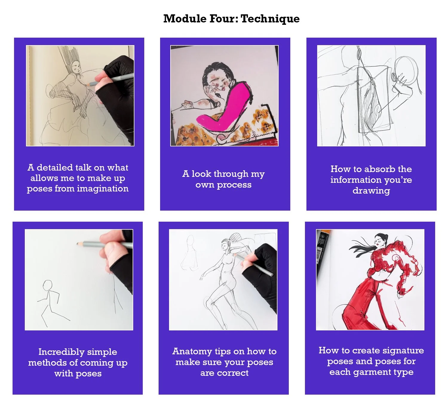 A presentation slide titled 'Module Four: Technique' with six images and their descriptions related to drawing and posing. The images include a person drawing a figure, a colorful illustration of a woman, a sketch of a person lifting weights, simple stick figure sketches, a dynamic figure drawing, and a colored illustration of a woman in red with flowing hair.