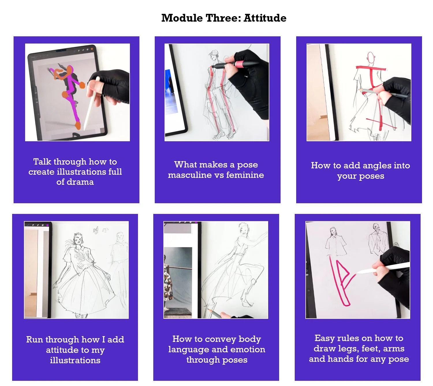 Six instructional images on drawing human poses and attitudes, each with a purple background and descriptive text. Topics include creating dramatic illustrations, understanding masculine versus feminine poses, adding angles, illustrating attitude, conveying body language and emotion, and drawing limbs and extremities.