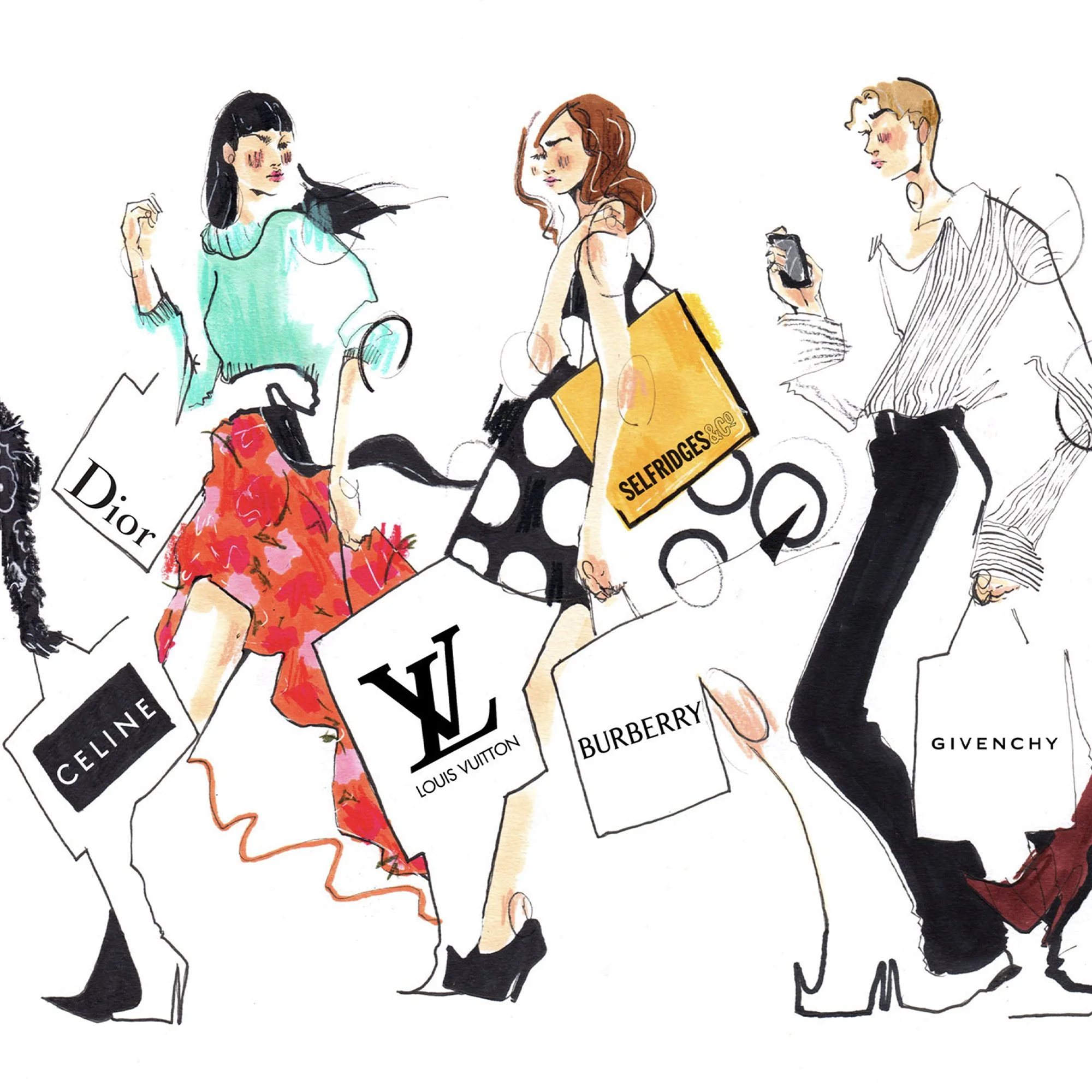 Fashion illustration of three women carrying shopping bags from luxury brands Dior, Celine, Louis Vuitton, Burberry, Givenchy, and Selfridges, walking with stylish clothing and high heels.