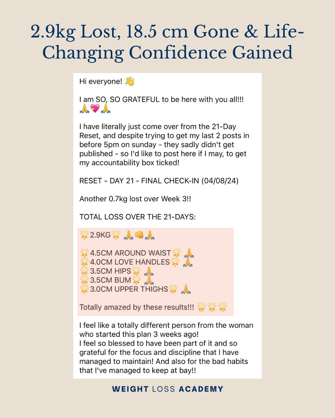 21 Day Reset - Written Testimonial - 2.9kg lost