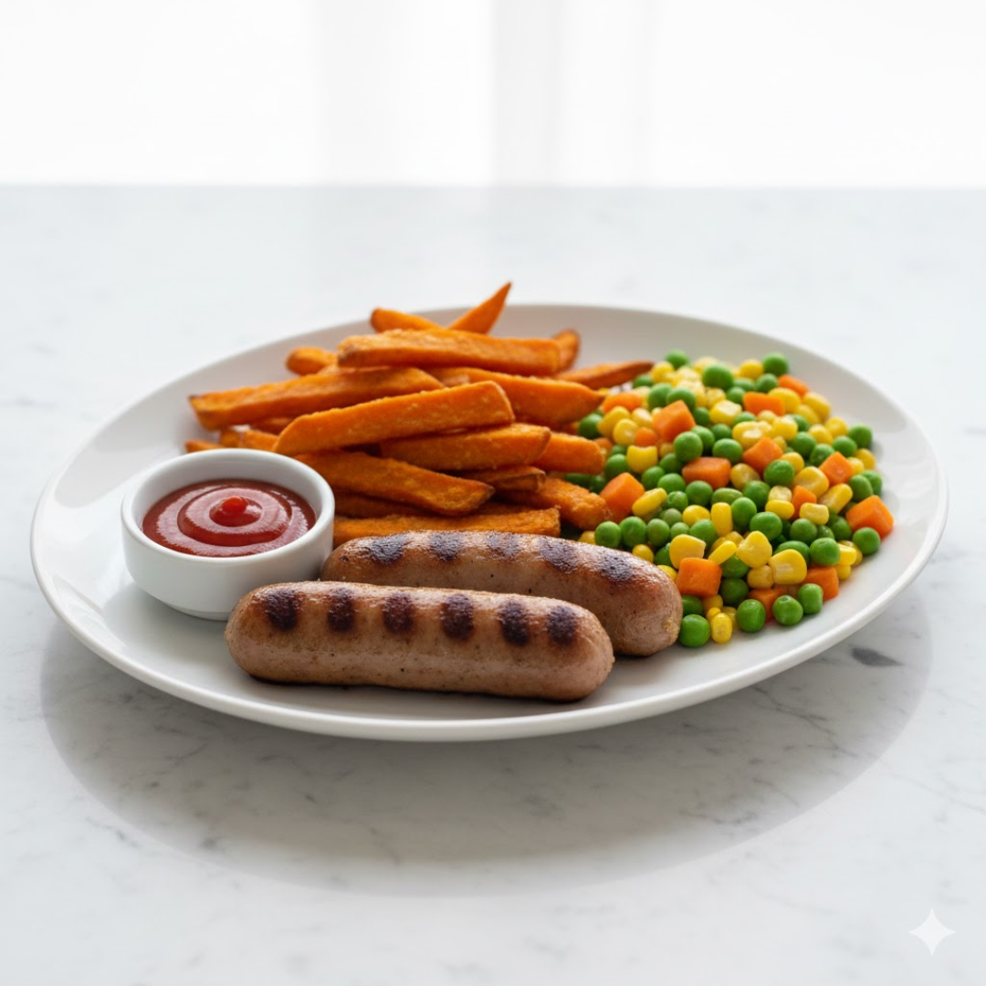 Sausages, Sweet Potato Fries + Veggies (HC) 
