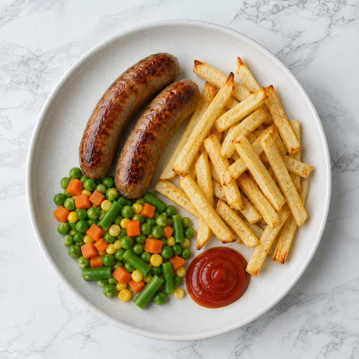Sausages, Chips + Veg (HC)