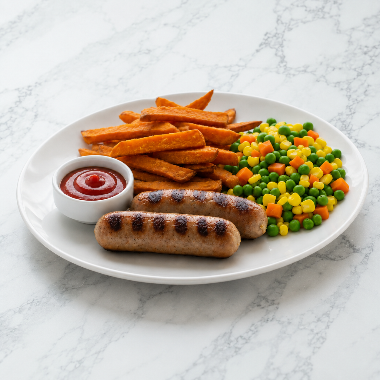 Sausages, Sweet Potato Fries + Veggies (HC) 