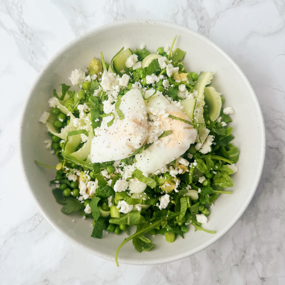 Pea, Feta &amp; Poached Eggs Salad (LC) 
