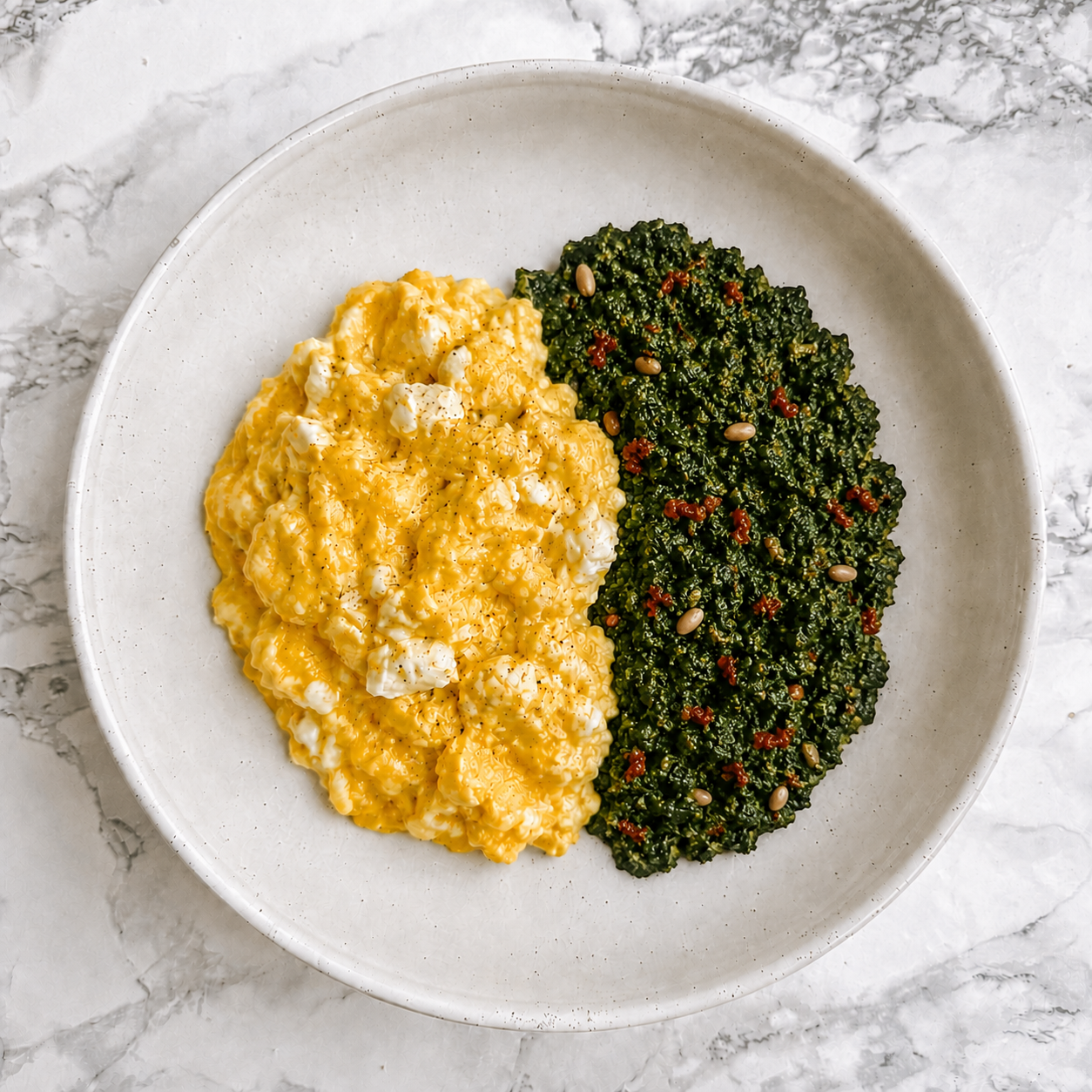 Feta Scrambled Eggs with Pesto Spinach