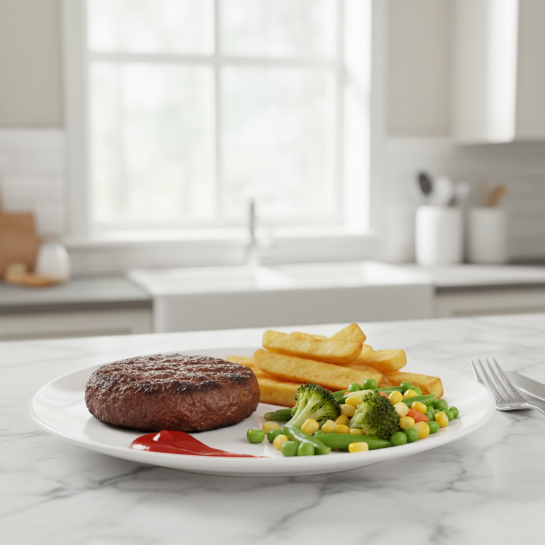 Burger, Chips + Veggies