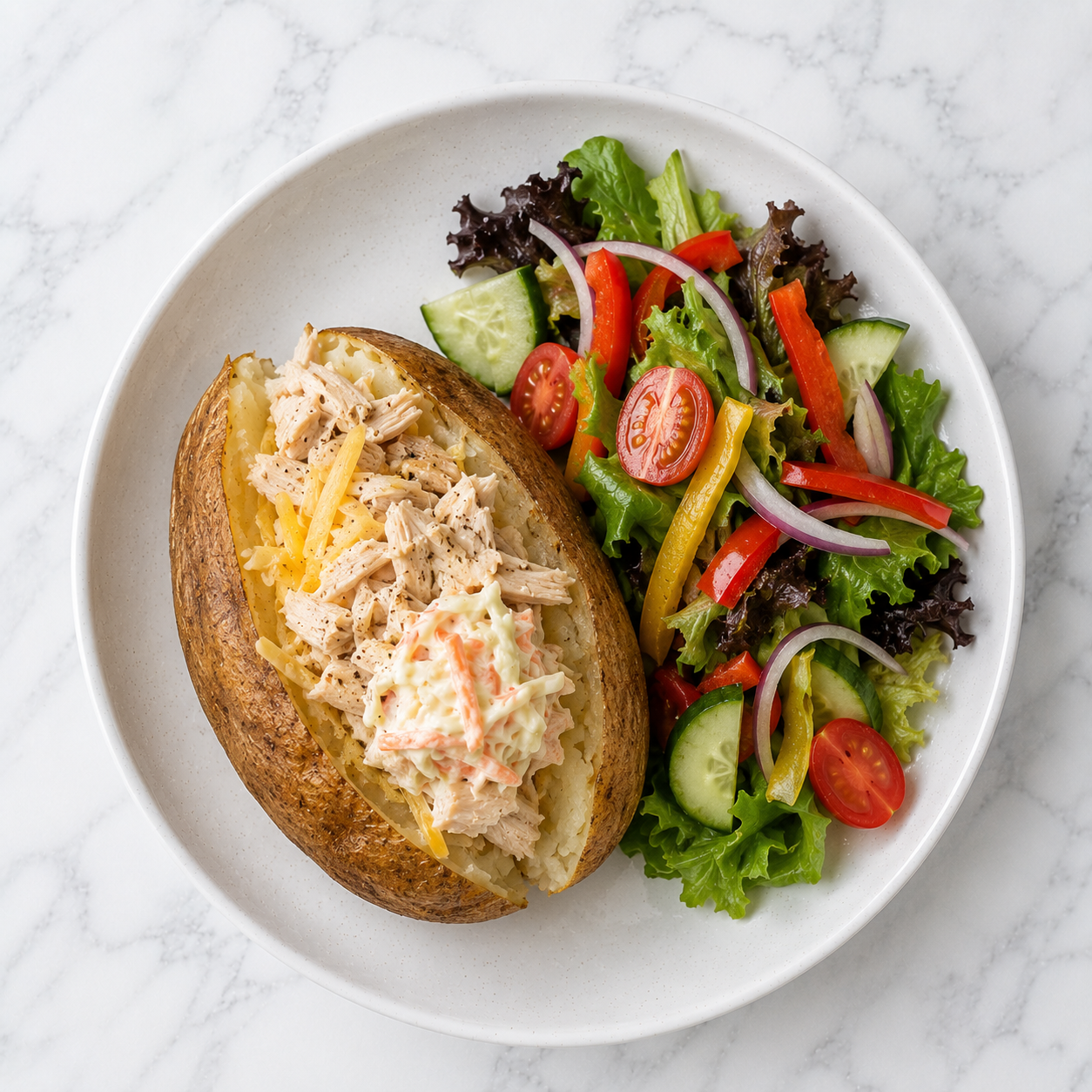 Baked Potato with Chicken, Coleslaw + Salad