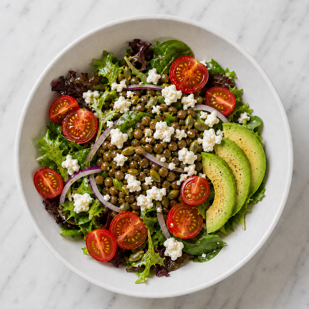Warm Avocado, Lentil + Feta Salad