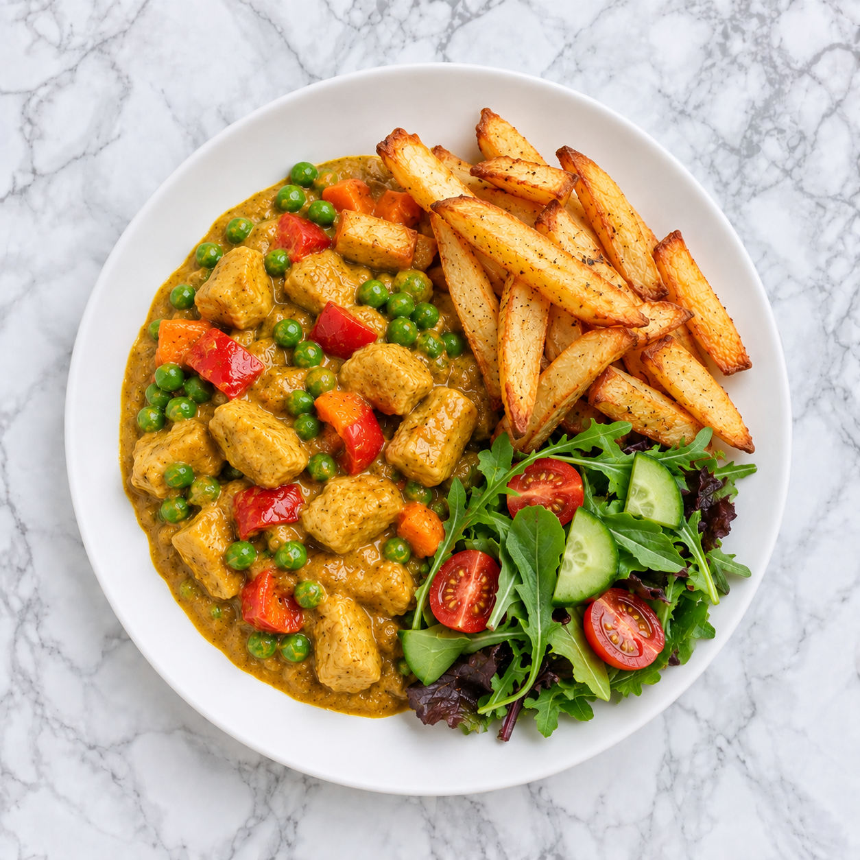 Chip Shop Quorn Curry and Homemade Chips