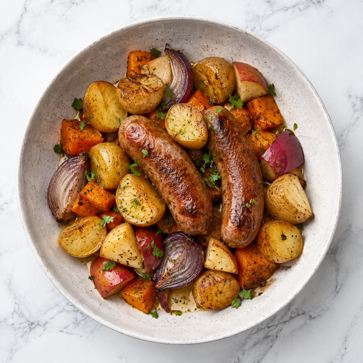 One-Tray Sausage and Apple Traybake