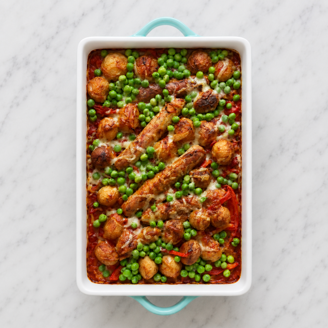 Cheesy Tomato Sausage Traybake
