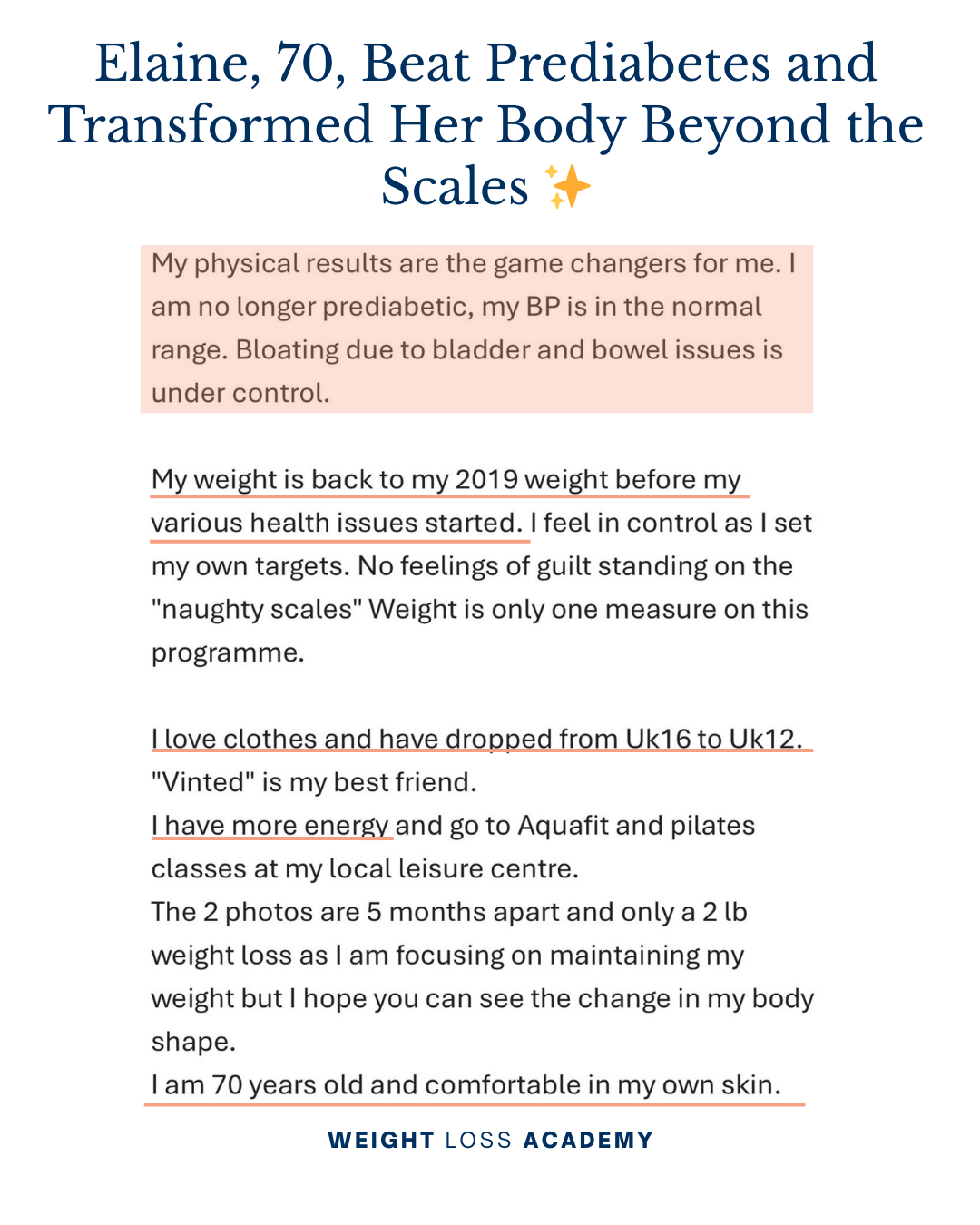 Testimonial from Elaine, a 70-year-old woman, sharing her success in reversing prediabetes and losing weight through lifestyle changes, with before and after photos, and her statement about feeling confident and healthy thanks to the WLA