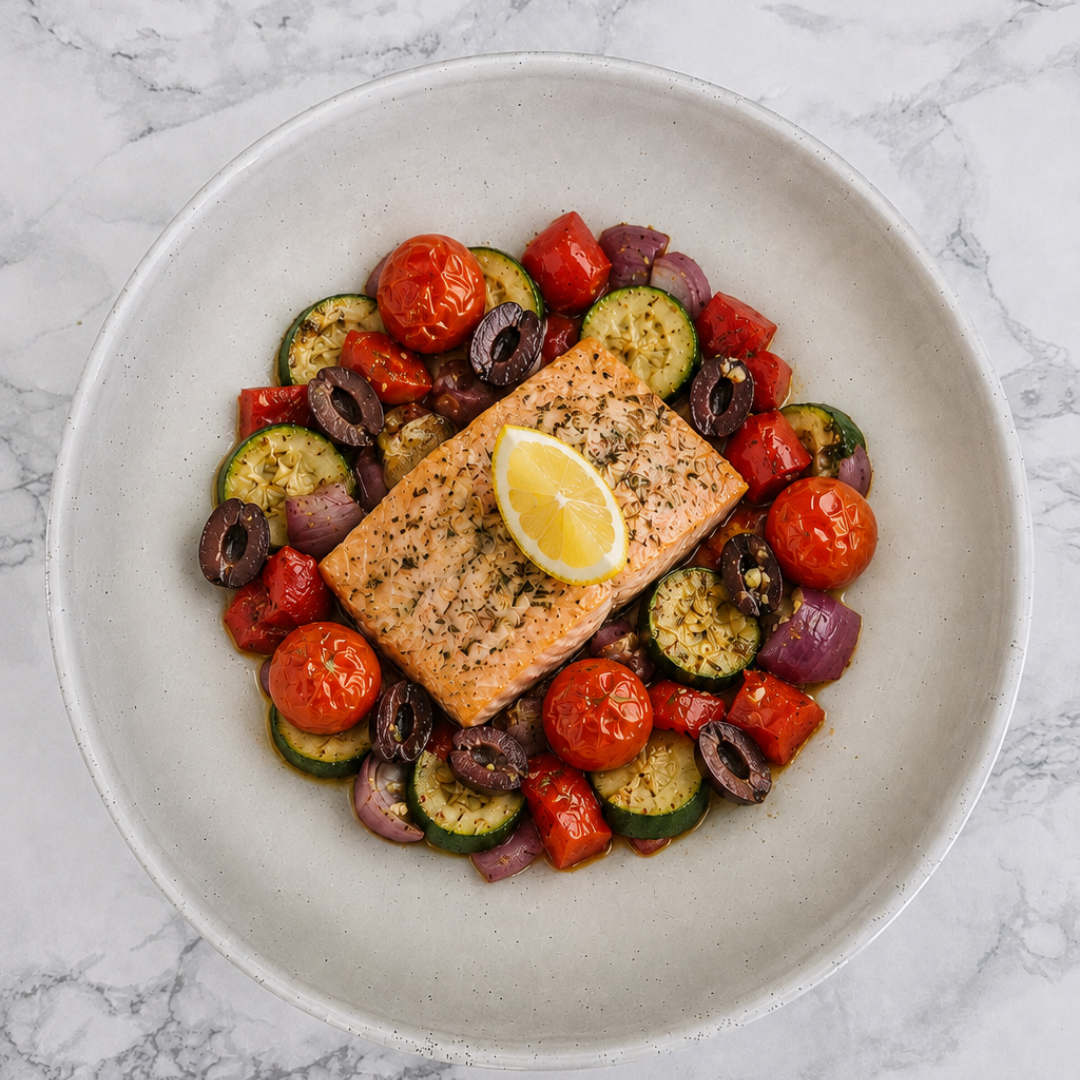 Salmon and Mediterranean Vegetable Bake