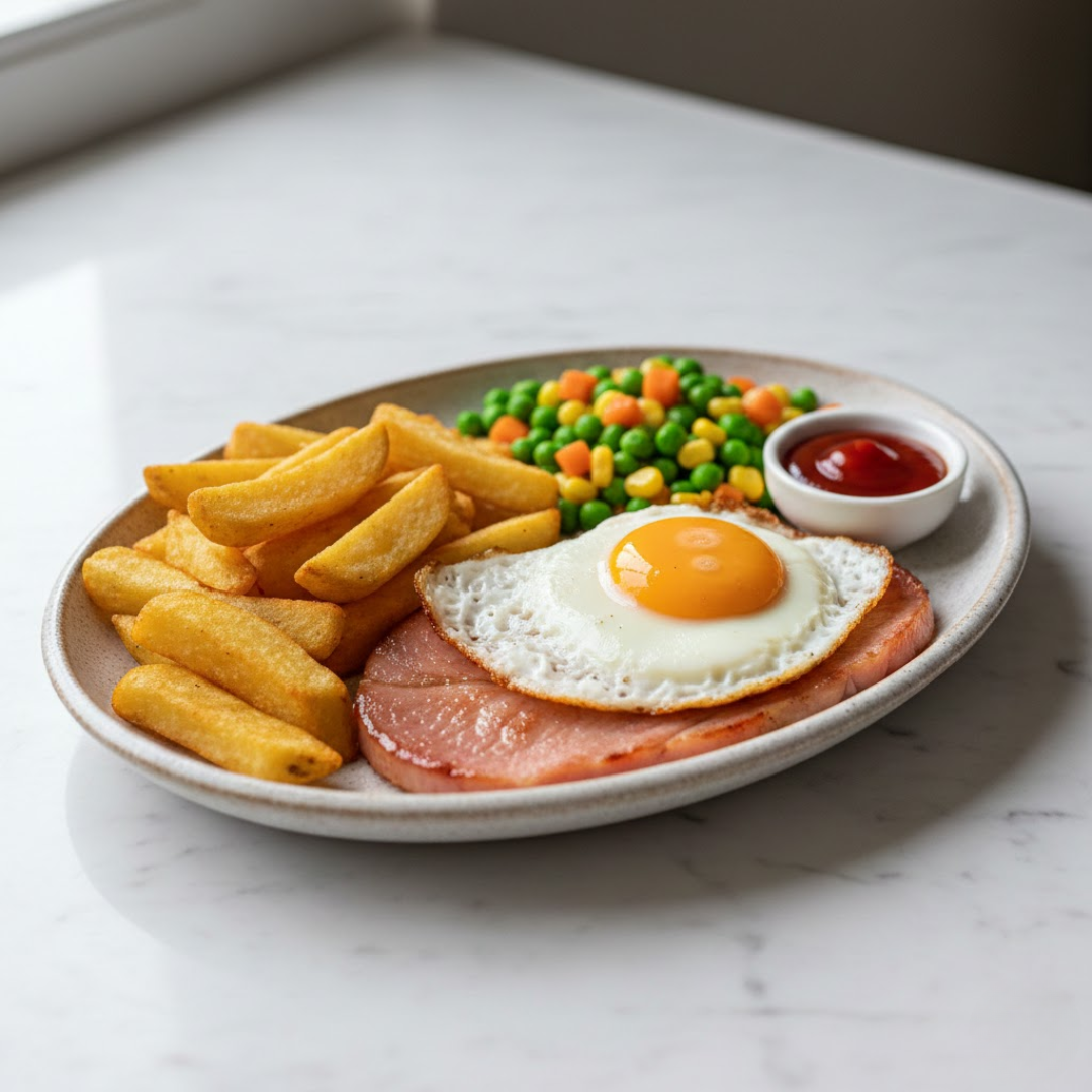 Ham, Egg + Chips