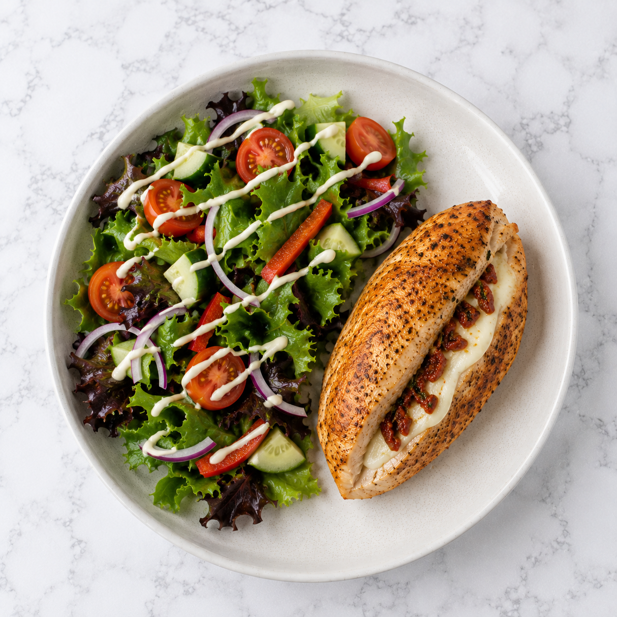 Tomato + Mozzarella Stuffed Chicken + Salad