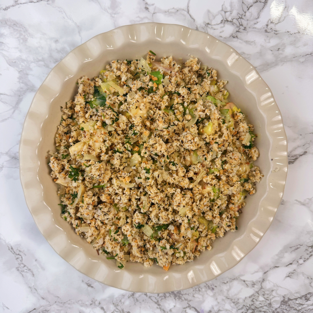 Festive Turkey, Ham + Stuffing Pie