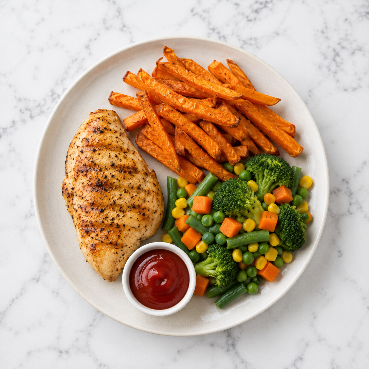 Chicken Breast, Sweet Potato Fries + Veggies
