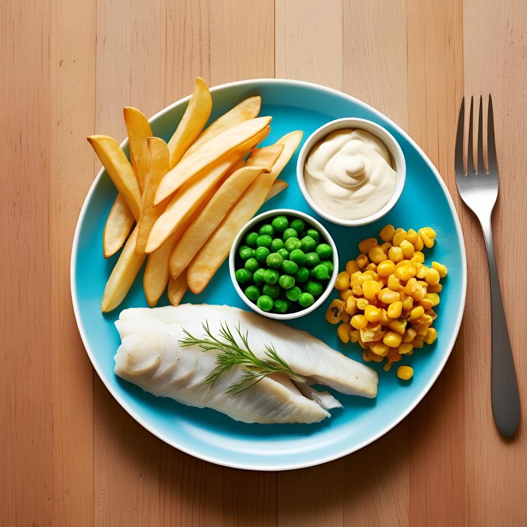 Fish, Chips + Vegetables