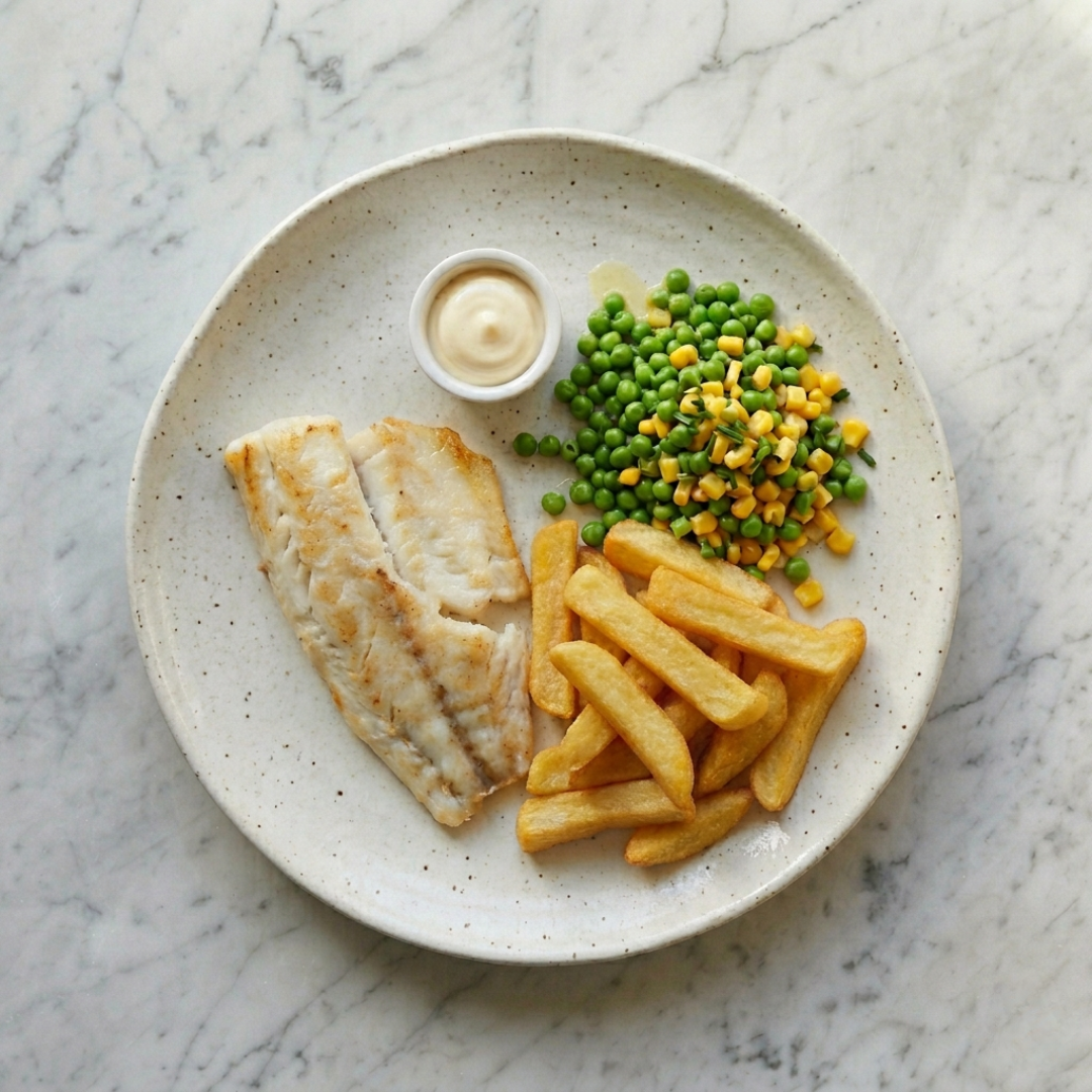 Fish, Chips + Vegetables