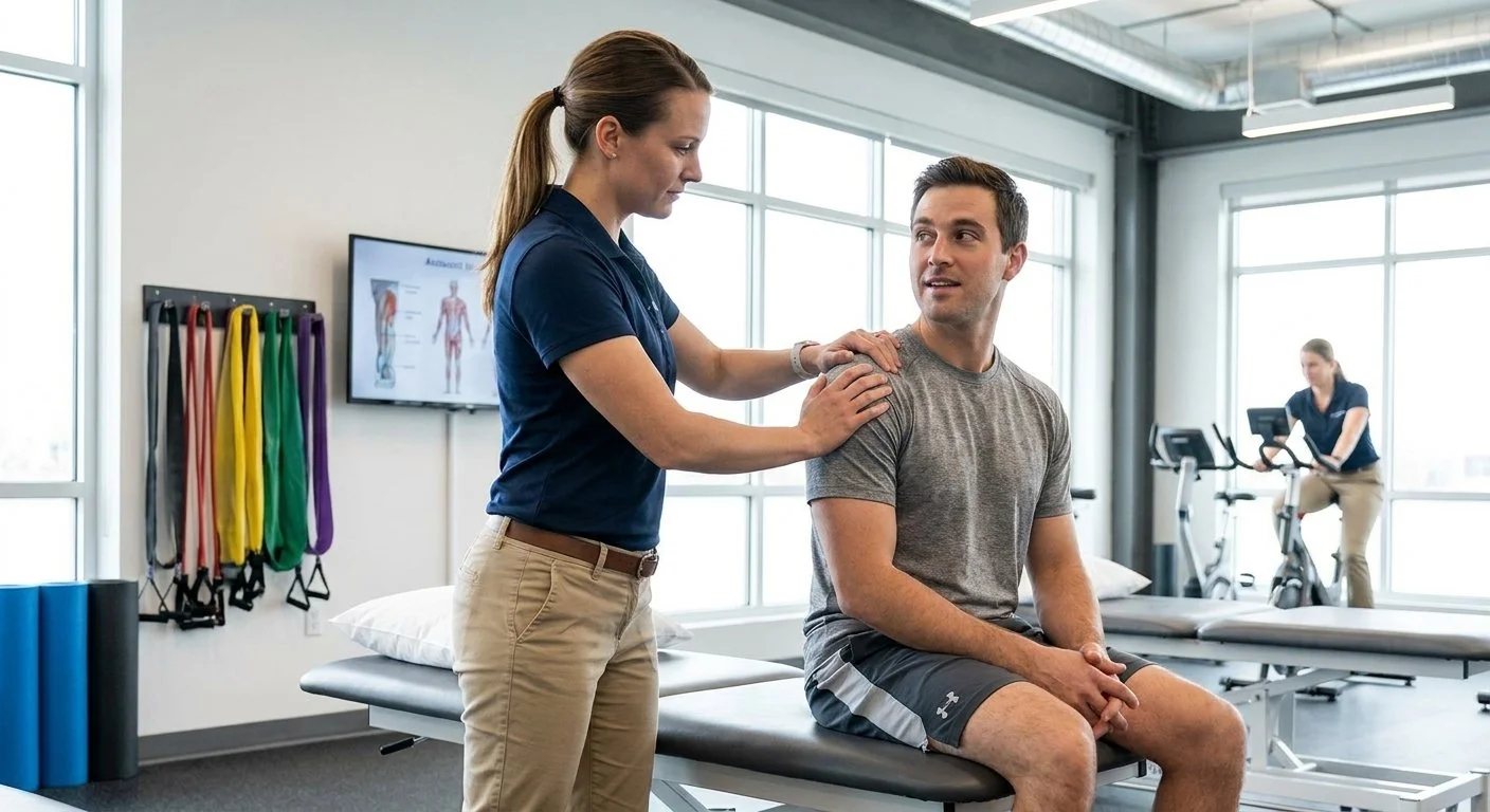 Patient working with a provider at a physical therapy clinic in Houston, TX during a manual therapy session for shoulder pain