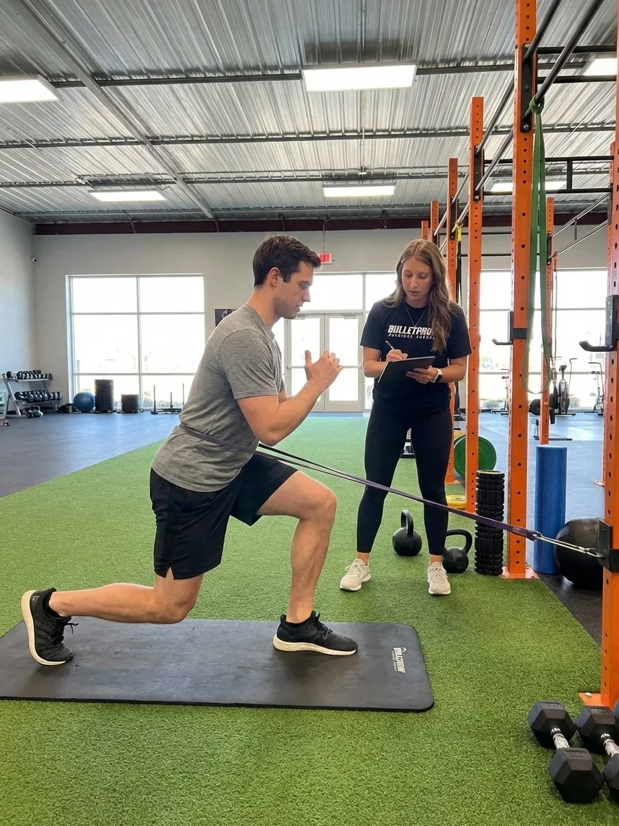 Athlete performing movement assessment with a physical therapist at a sports physical therapy clinic in Houston