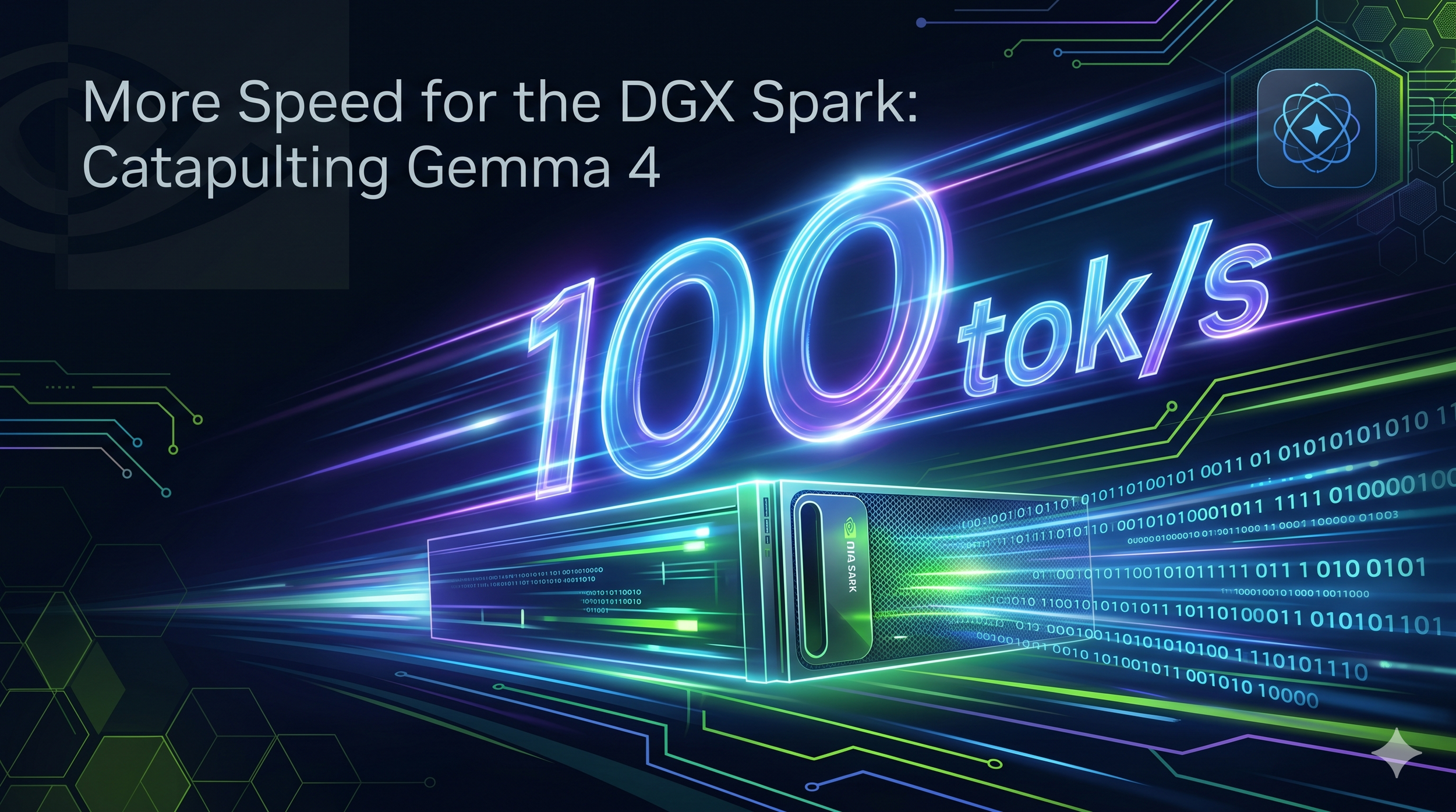 Bild eines DGX Spark mit dem Text "More Spped for the DGX Spark: Catapulting Gemma 4 100tok/s"