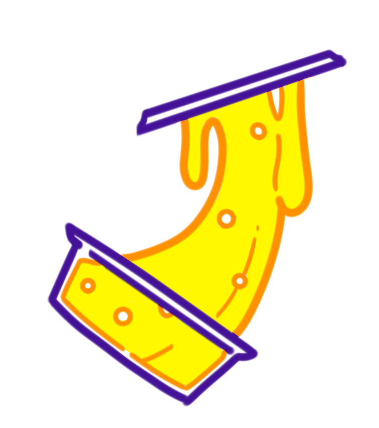 A yellow cartoon slice of cheese with orange spots, enclosed within two blue and white light-up neon signs.