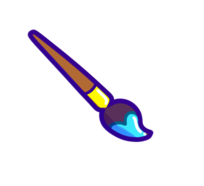 Illustration of a paintbrush with blue paint on its tip, seen from a side angle.