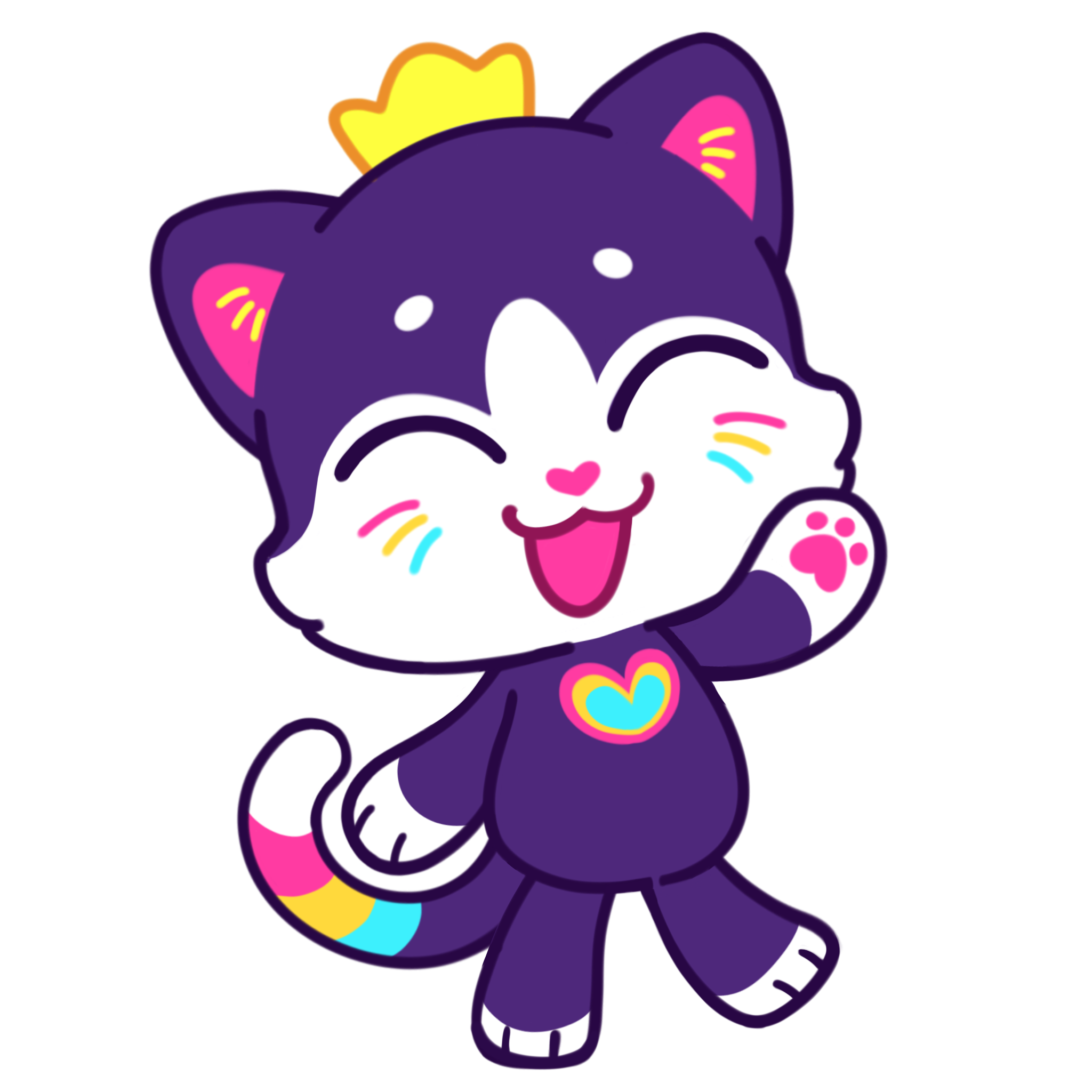 Cute cartoon unicorn with a rainbow-colored mane, wearing a yellow crown, and smiling with closed eyes.