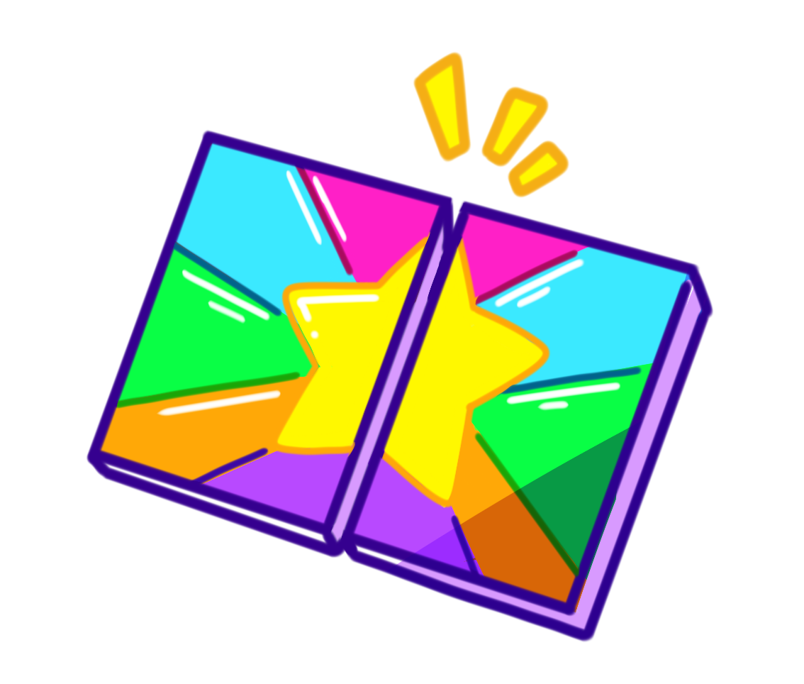 A colorful, cartoon-style illustration of a gemstone with a star shape in the center, divided into rainbow-colored sections, with a yellow banner at the top displaying three exclamation points.