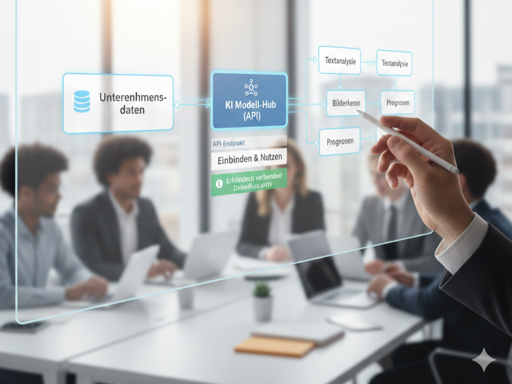 Im Hintergrund ist ein Konferenzraum mit Personen zu sehen. Im Vordergrund zeigt eine Hand auf ein Flussdiagramm. Das Diagramm zeigt wie Unternehmensdaten durch einen KI Hub genutzt werden können, bspw. Textanalyse, Bilderkennung etc.