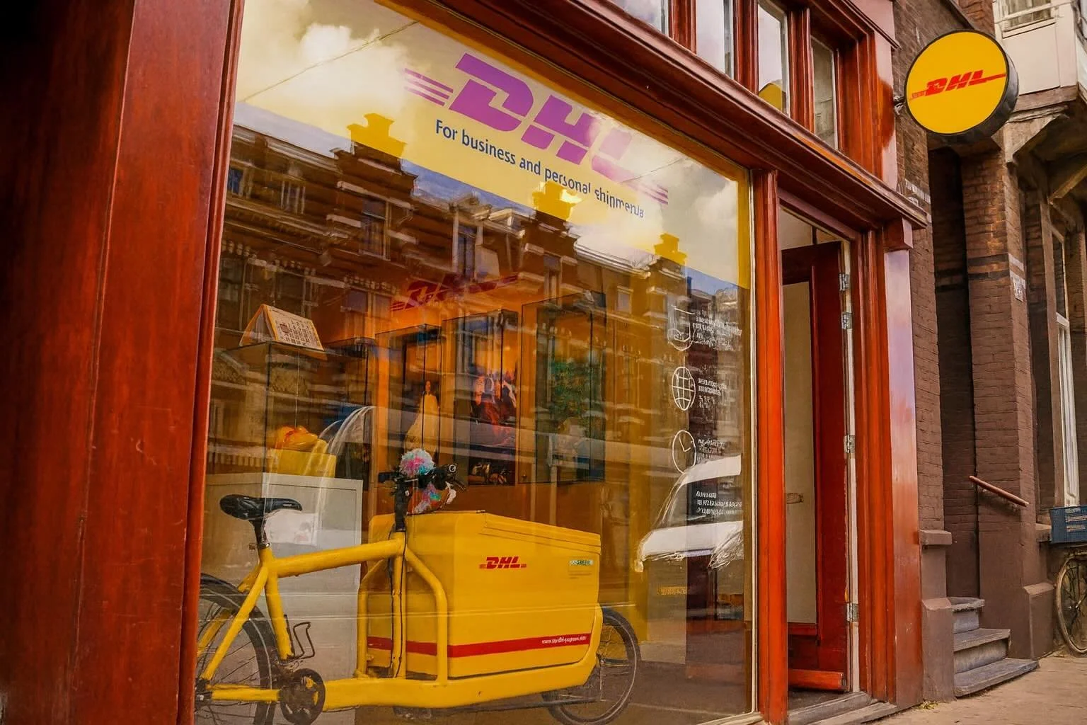 DHL parcel shop in Amsterdam met een DHL bakfiets in de etalage.