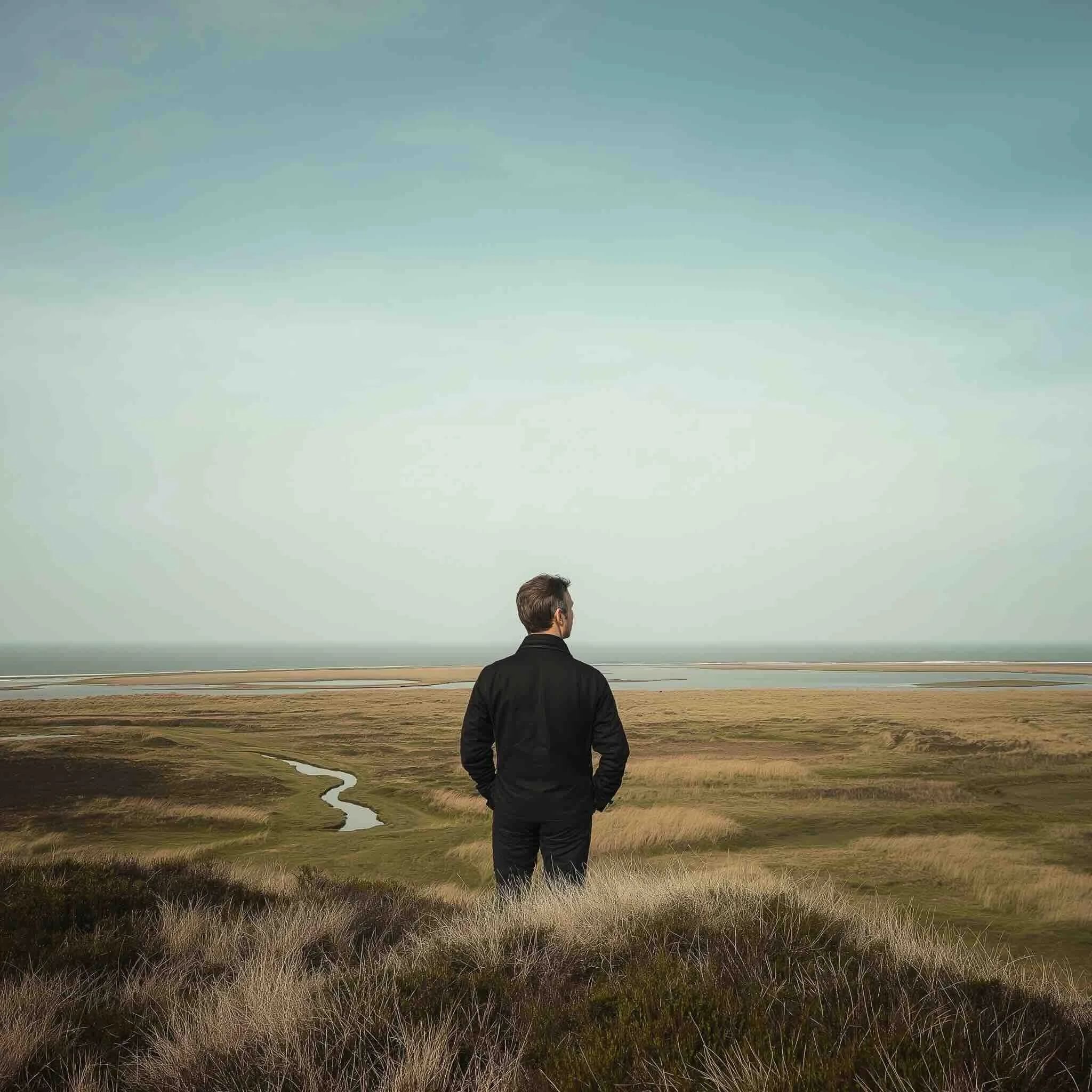 Man in donkere jas staat op een duin en kijkt uit over een uitgestrekt landschap met gras, water en de zee in de verte. Persoonlijk leiderschap.